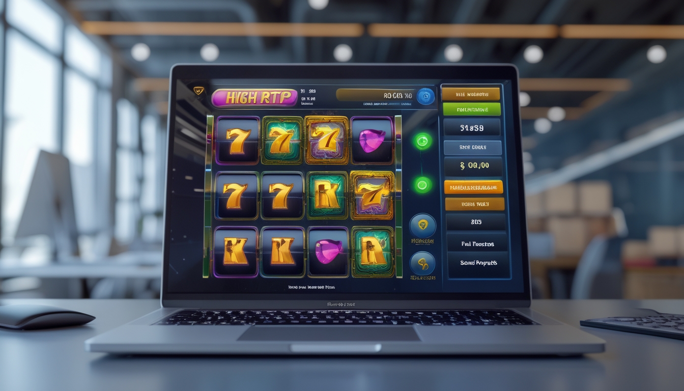 Seorang pengguna melihat layar komputer yang menampilkan permainan slot online dengan indikator pembayaran tinggi dan simbol keamanan.
