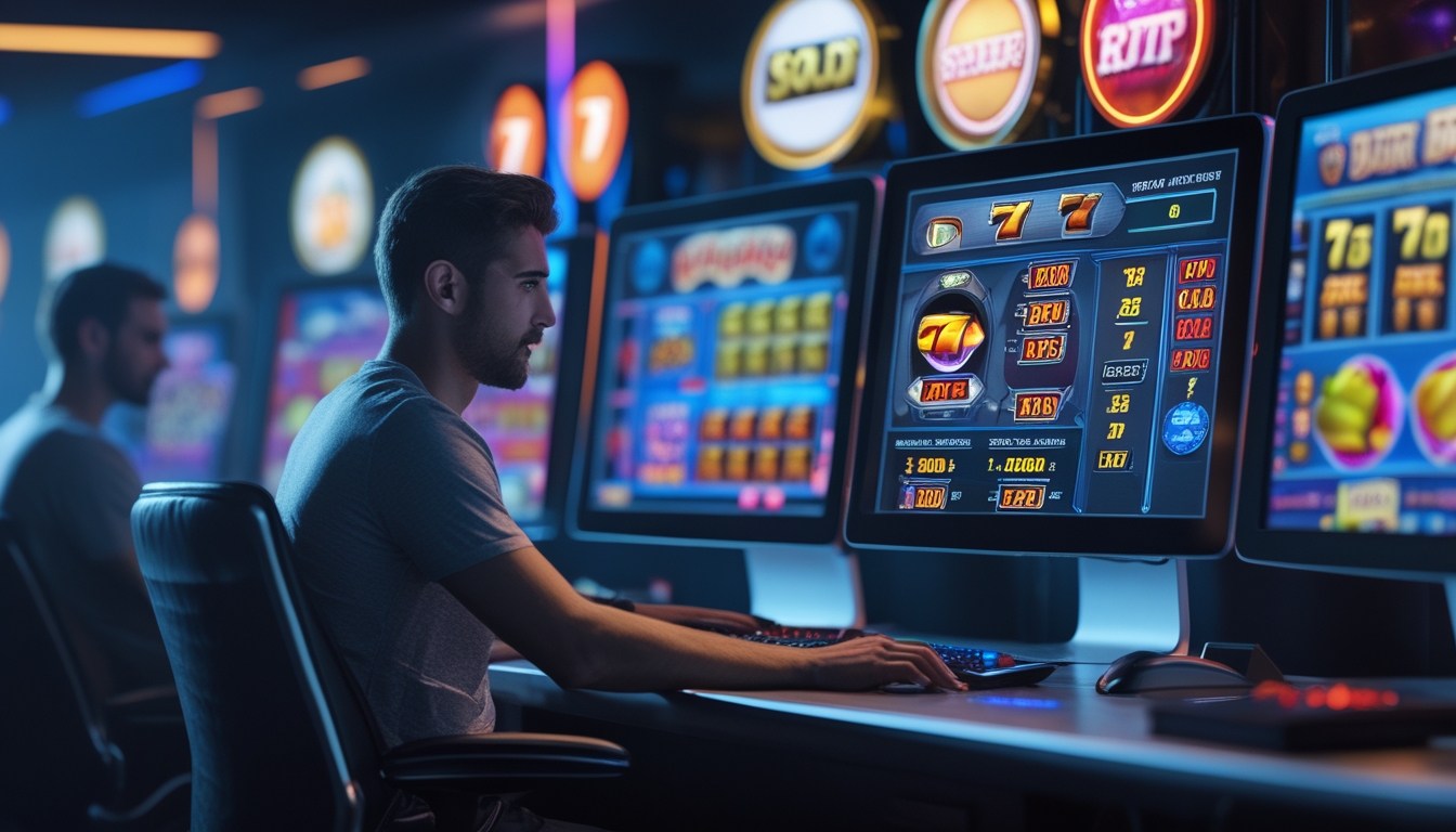 Seorang pemain dewasa fokus bermain permainan slot online dengan beberapa layar komputer menampilkan grafik dan simbol permainan di meja kerja modern.