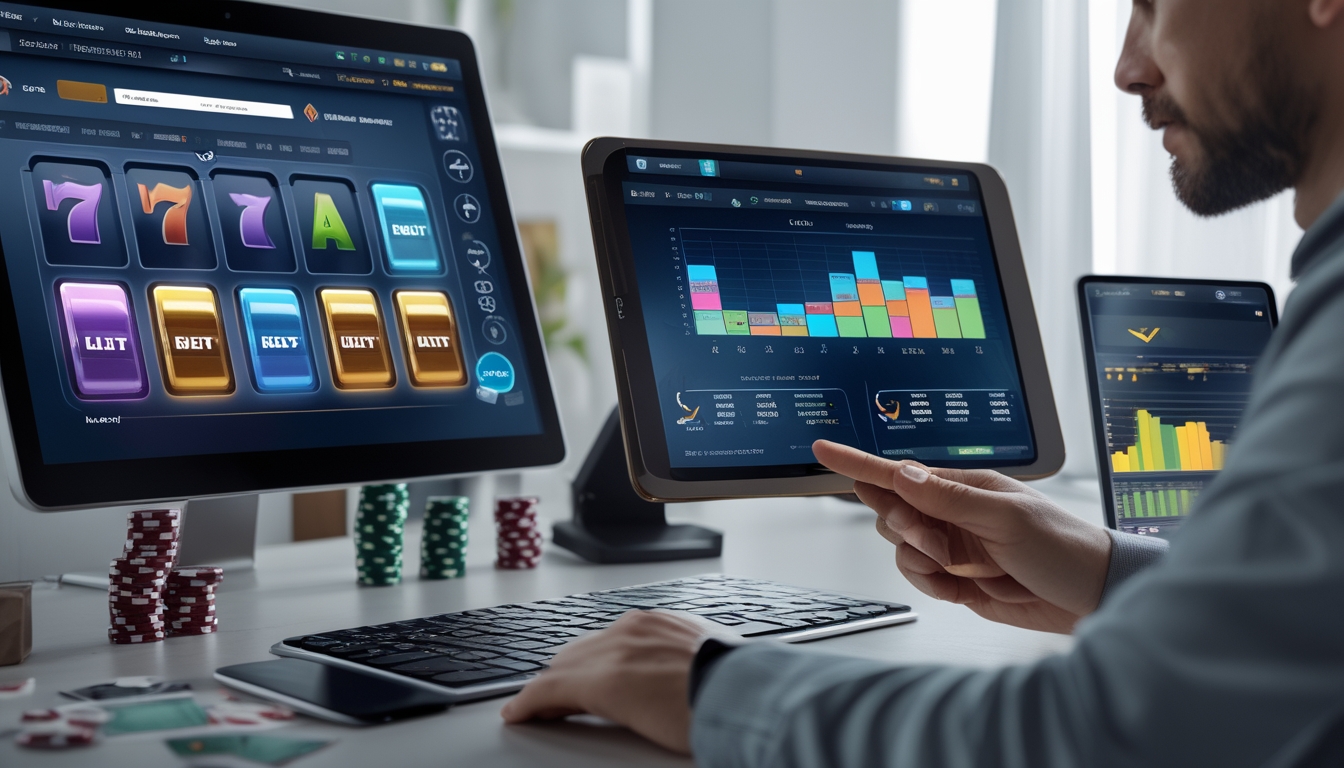 Seorang pemain dewasa sedang menggunakan komputer dan tablet untuk melihat permainan slot online dan data RTP di ruang kerja modern.