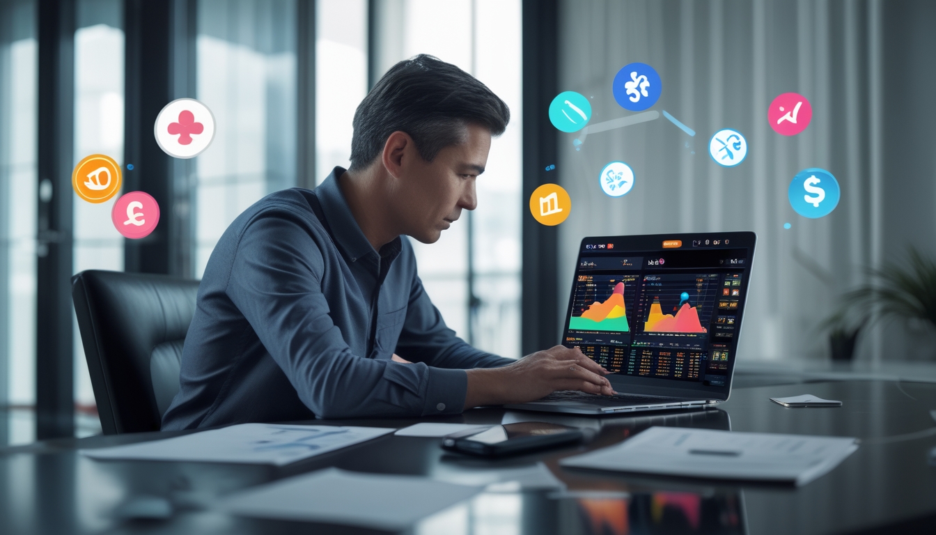 Seseorang duduk di meja kerja dengan laptop, melihat grafik dan data taruhan online di layar dalam ruangan kantor rumah yang terang.
