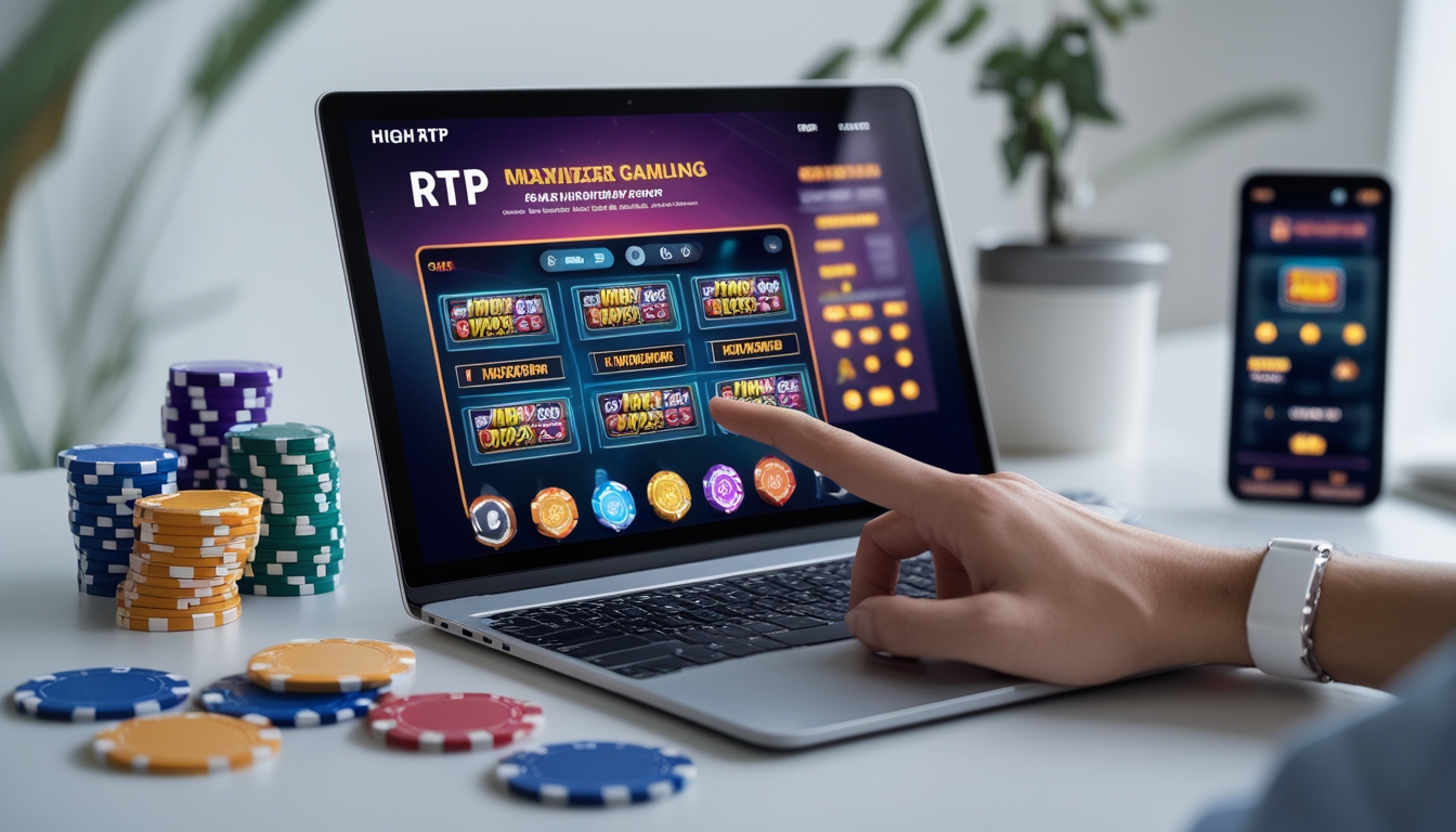 Sebuah meja kerja dengan laptop yang menampilkan antarmuka kasino online dan tangan seseorang menunjuk ke statistik RTP di layar, dikelilingi oleh chip poker dan kartu remi.
