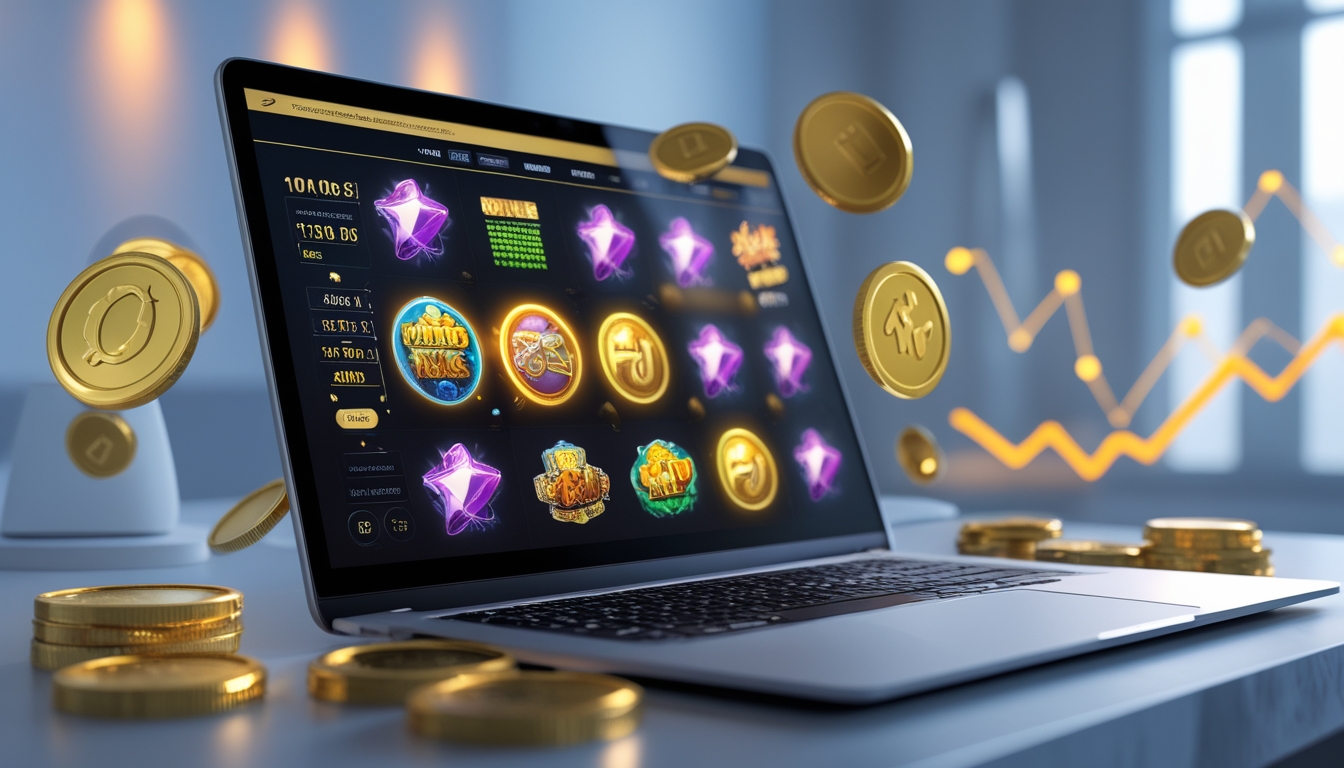 Seorang pengguna duduk di depan komputer yang menampilkan permainan slot online dengan koin emas dan grafik naik di sekitarnya.