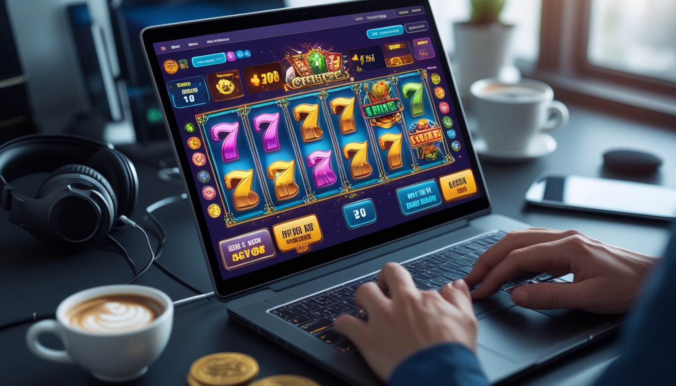 Seseorang bermain permainan slot online di komputer dengan latar ruang kerja modern yang nyaman.