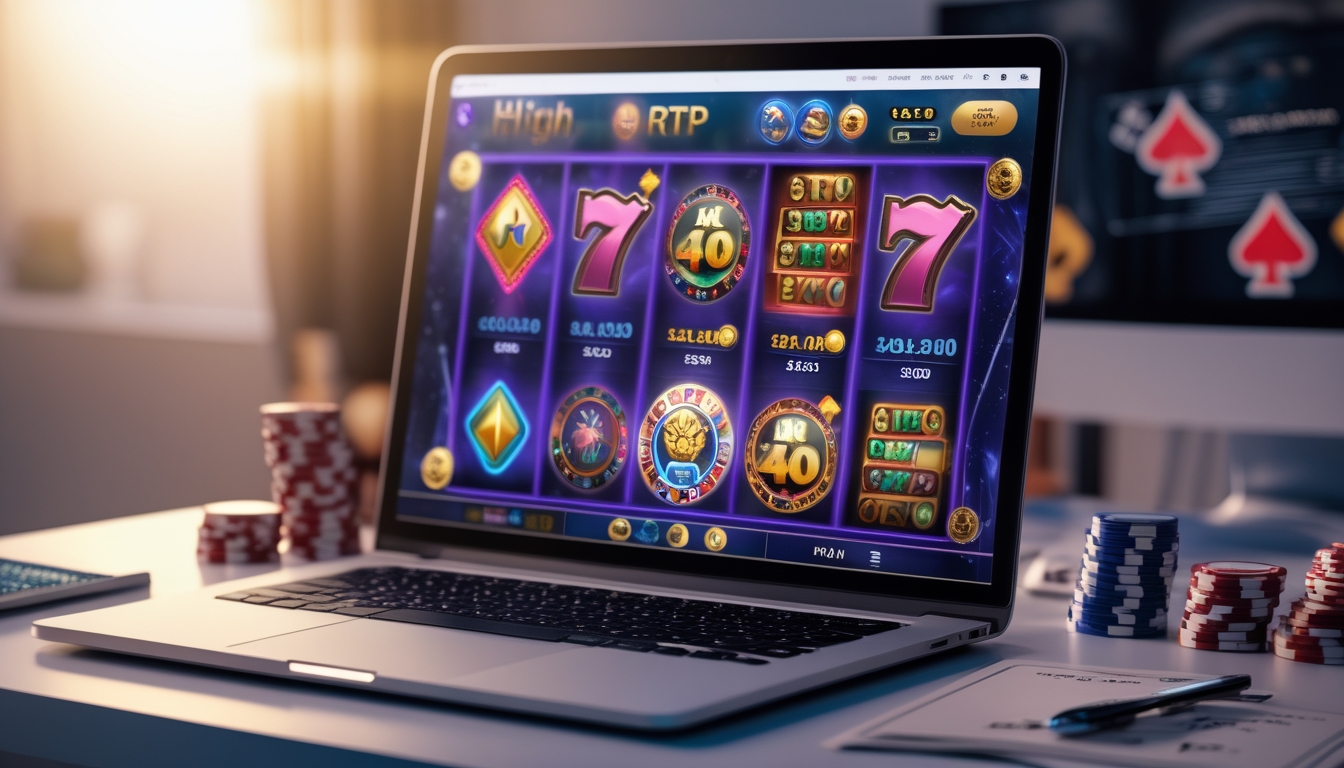 Seorang pemain menggunakan laptop dengan tampilan permainan slot online yang berwarna-warni, dikelilingi oleh tumpukan chip poker dan kartu remi di atas meja.