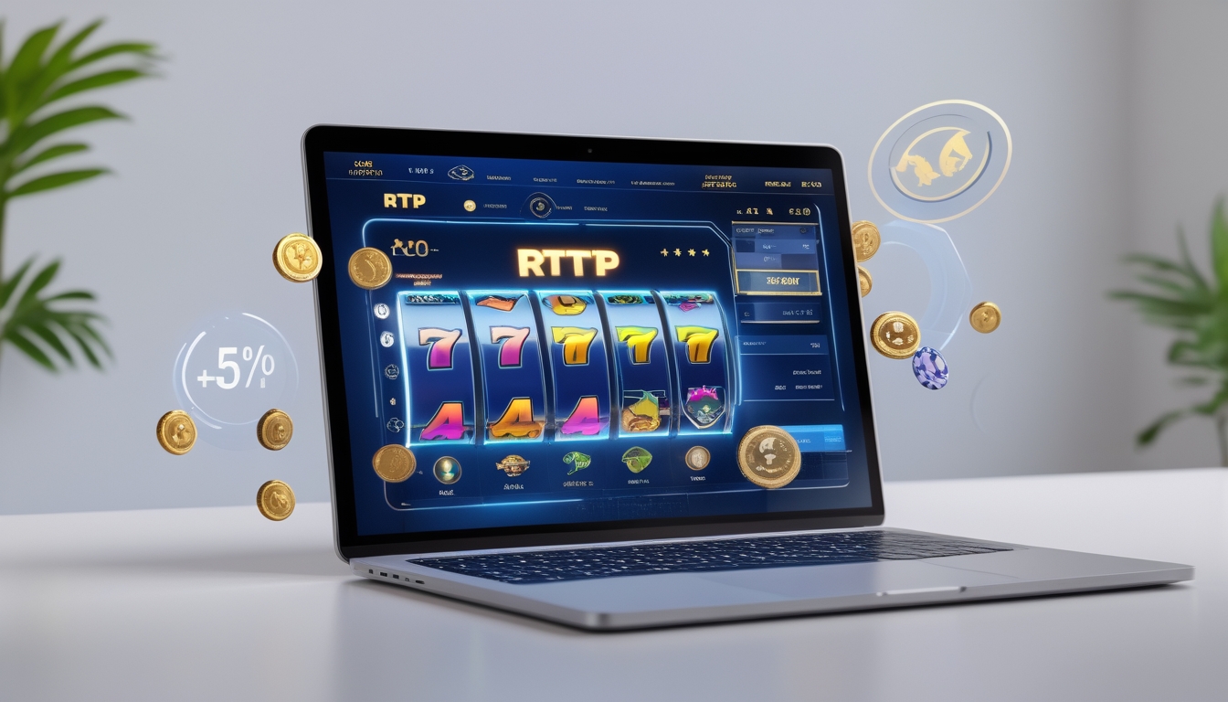 Seorang pengguna sedang bermain permainan kasino online di laptop dengan grafik permainan yang berwarna-warni dan simbol peluang menang yang mengambang di sekitar layar.