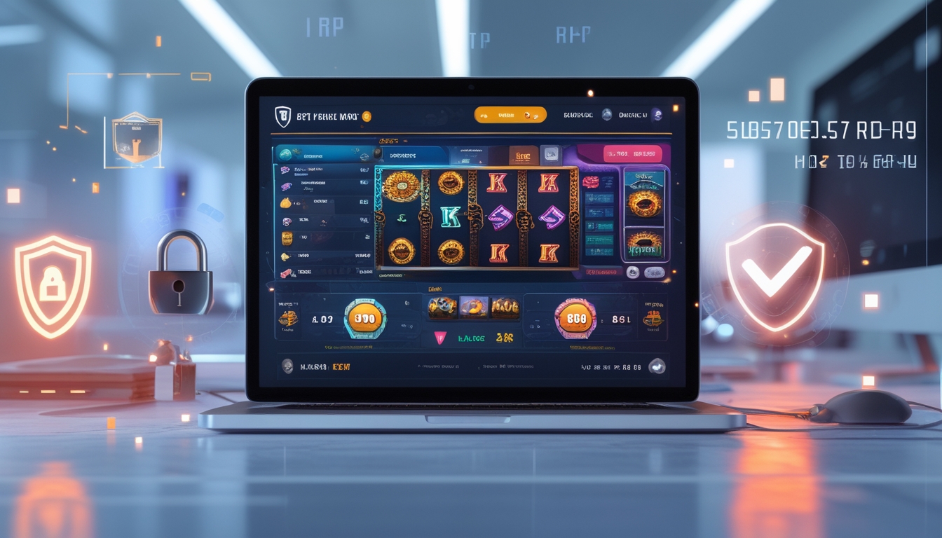 Seorang pemain menggunakan komputer dengan tampilan permainan slot online yang berwarna-warni dan simbol keamanan di sekitar perangkat.