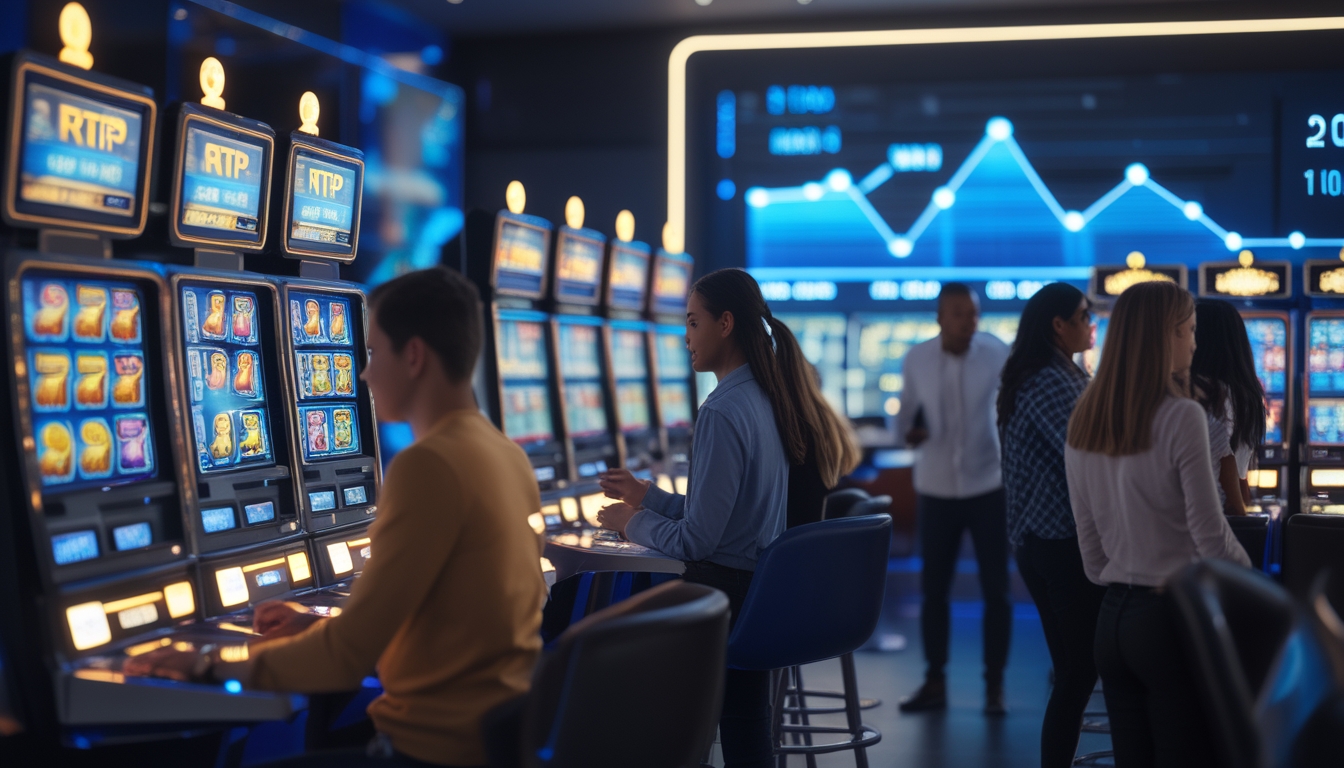 Orang-orang menggunakan mesin slot digital di ruangan modern dengan layar warna-warni dan grafik RTP tinggi.