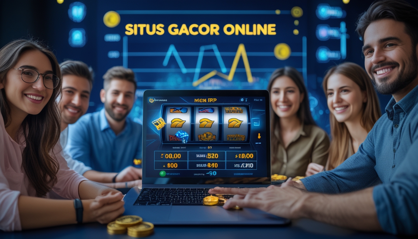 Orang-orang bermain kasino online di ruang kerja modern dengan laptop yang menampilkan permainan dan grafik RTP tinggi.