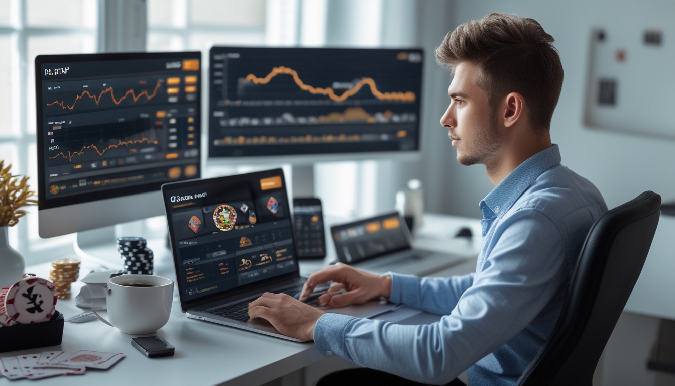 Seorang pria muda duduk di meja modern dengan beberapa perangkat digital yang menampilkan permainan online dan grafik keuntungan, di ruang kerja yang terang dan rapi.