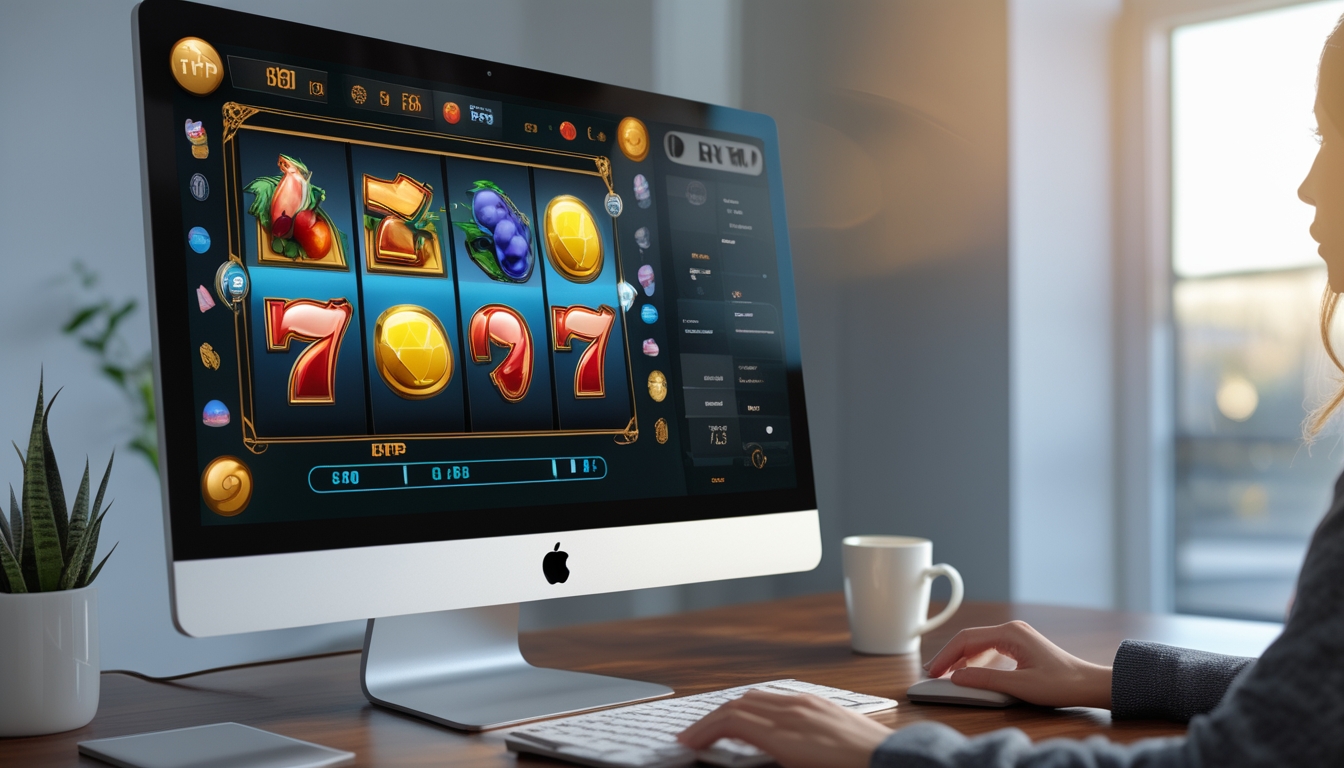 Seorang pemain sedang menggunakan komputer dengan tampilan mesin slot online di layar, di ruang kerja modern yang rapi.