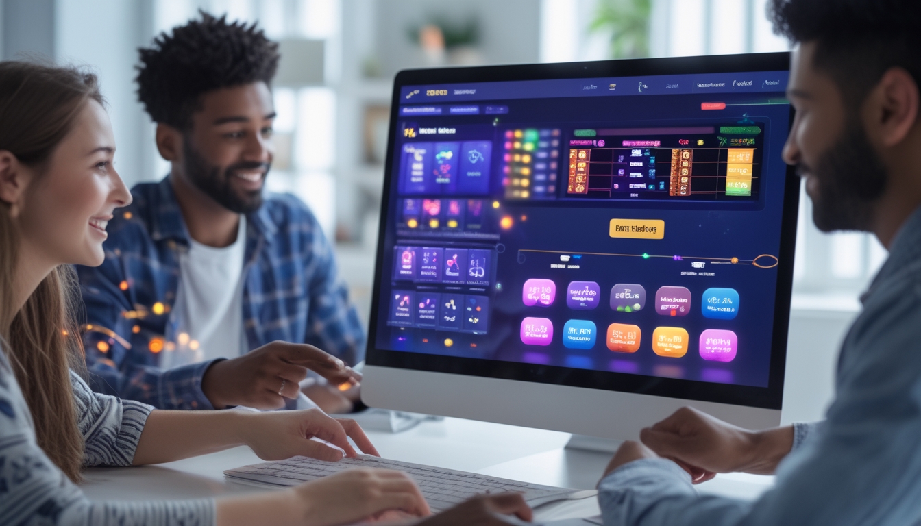 Orang-orang menggunakan perangkat digital dengan tampilan permainan slot online yang menarik dan fitur lengkap di lingkungan yang nyaman.