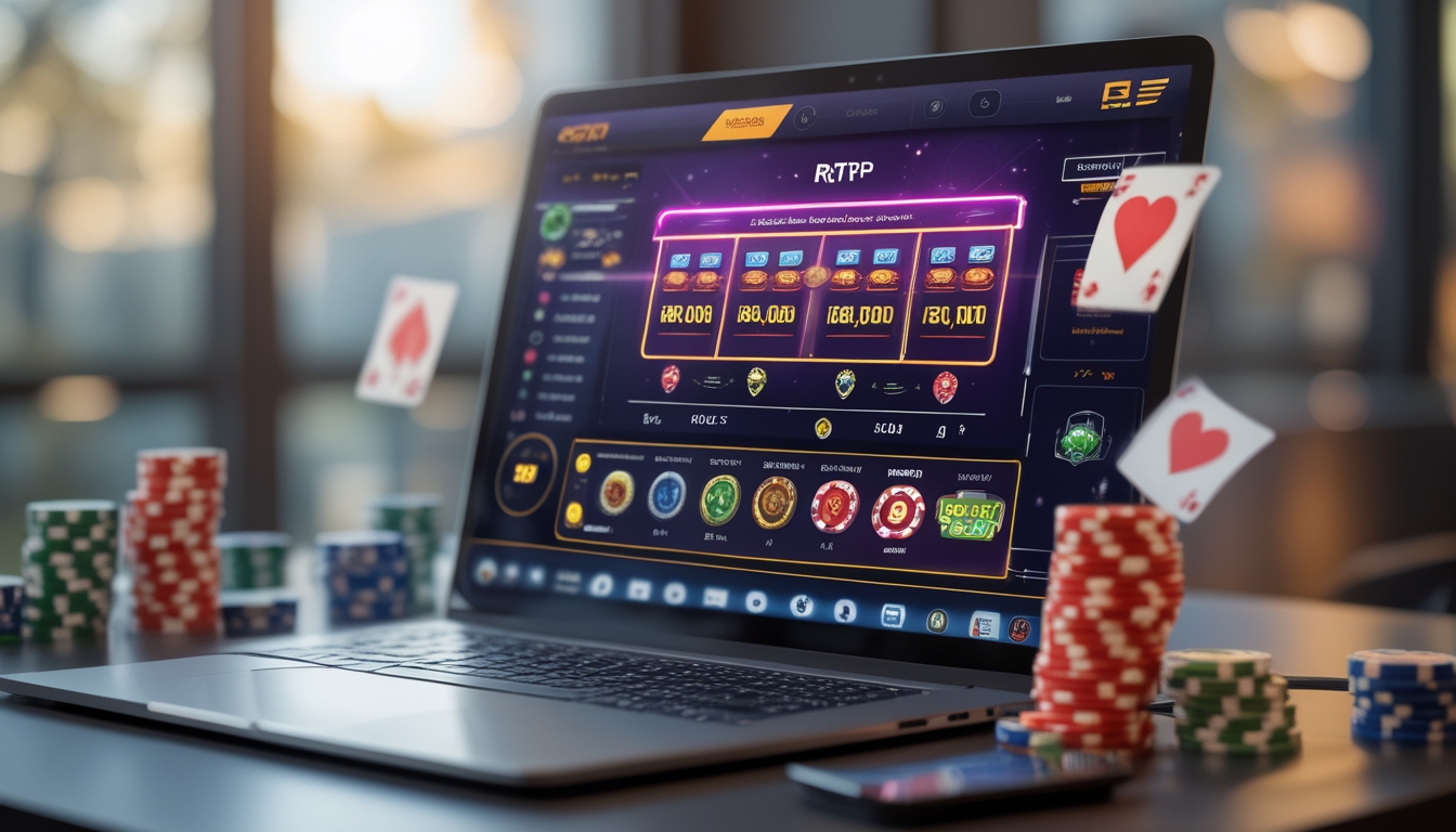 Sebuah komputer menampilkan permainan kasino online dengan grafik dan simbol permainan di meja kerja yang rapi.