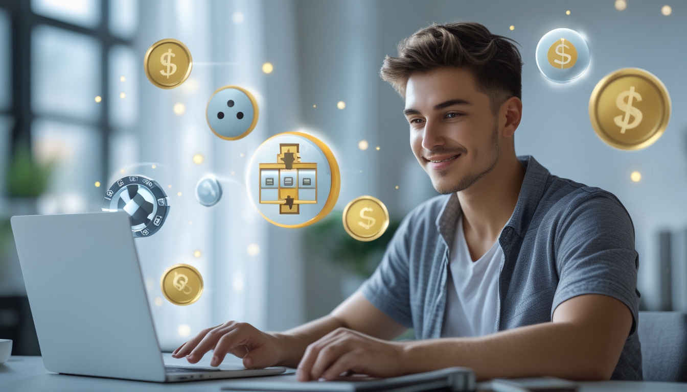 Seorang dewasa muda duduk di meja modern menggunakan laptop untuk mendaftar akun permainan slot online dengan ekspresi fokus dan senyum ringan.