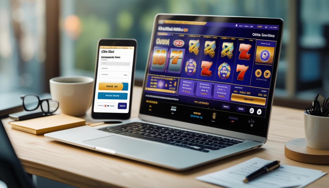 Meja kerja dengan laptop menampilkan permainan slot, ponsel dengan formulir pendaftaran, dan cangkir kopi, menunjukkan persiapan untuk bermain slot online.