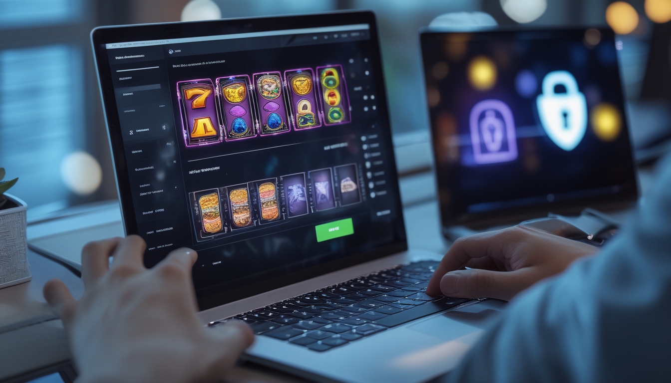 Seorang pengguna sedang mengetik di laptop dengan tampilan permainan slot online yang berwarna-warni, di meja kerja yang rapi dengan simbol keamanan digital di latar belakang.