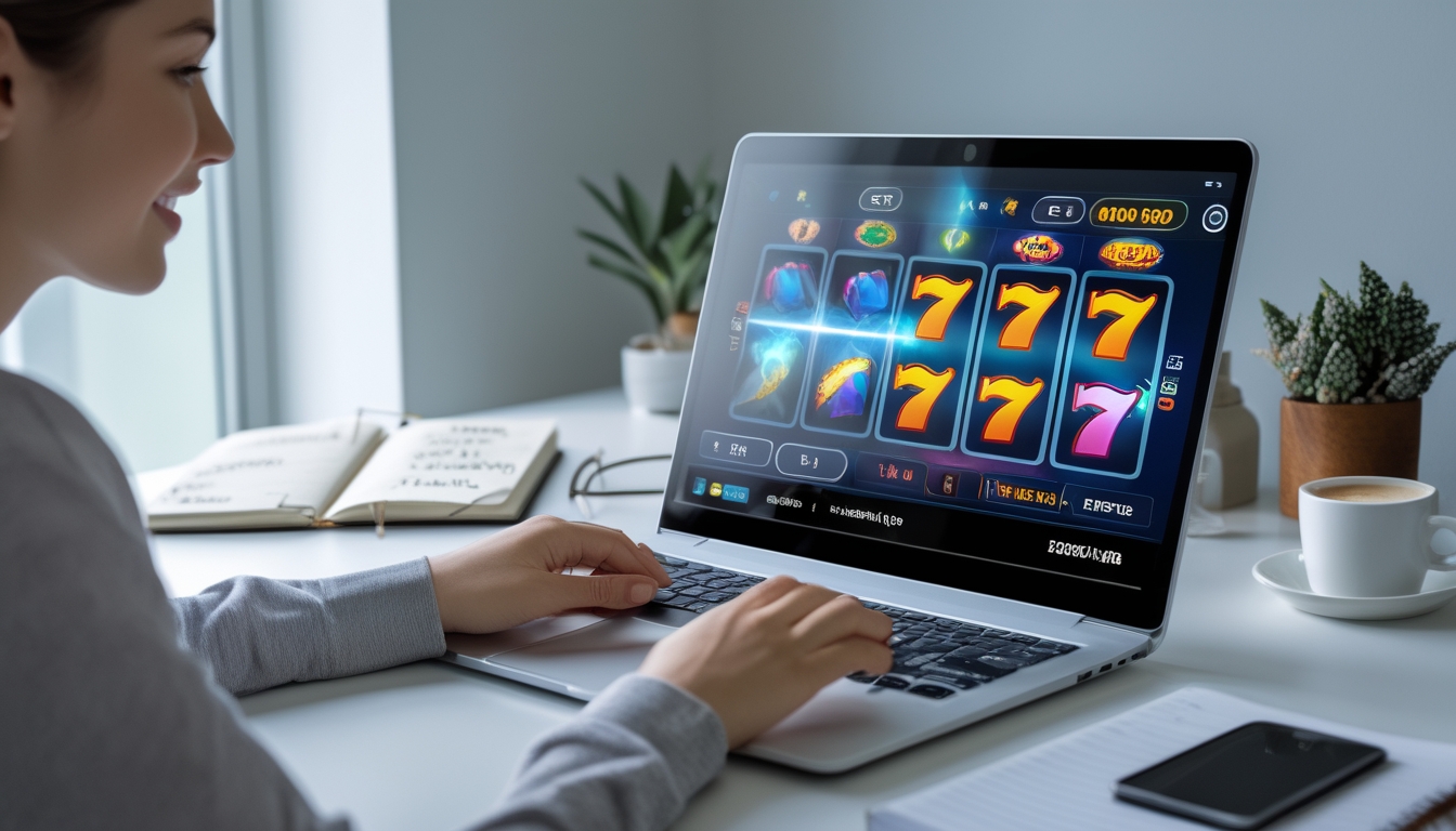 Seorang dewasa muda duduk di depan laptop di ruang kerja rumah yang terang, fokus menggunakan platform permainan slot online dengan catatan dan kopi di meja.