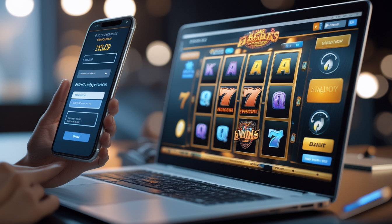 Seseorang menggunakan komputer dan ponsel untuk bermain permainan slot online dengan suasana yang menarik dan menyenangkan.