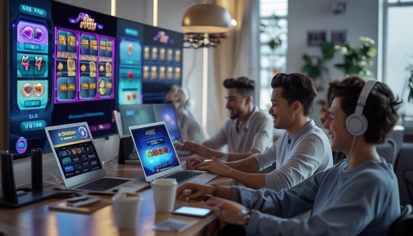 Beberapa orang muda menggunakan laptop dan ponsel untuk bermain permainan slot online di ruangan yang nyaman.