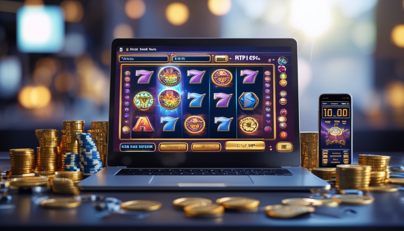 Seorang pengguna sedang bermain mesin slot online di laptop dengan chip kasino dan koin emas di meja.