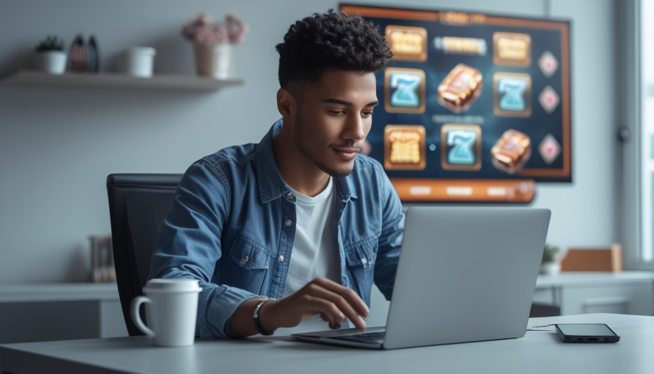 Seseorang duduk di meja dengan laptop, sedang mendaftar akun untuk bermain slot online dengan suasana fokus dan antusias.