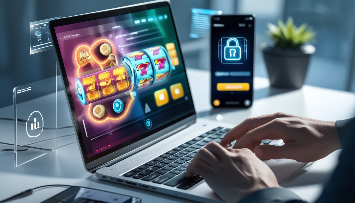 Seseorang mengetik di laptop dengan tampilan permainan slot online di layar, di meja kerja yang rapi dengan ponsel di sampingnya.