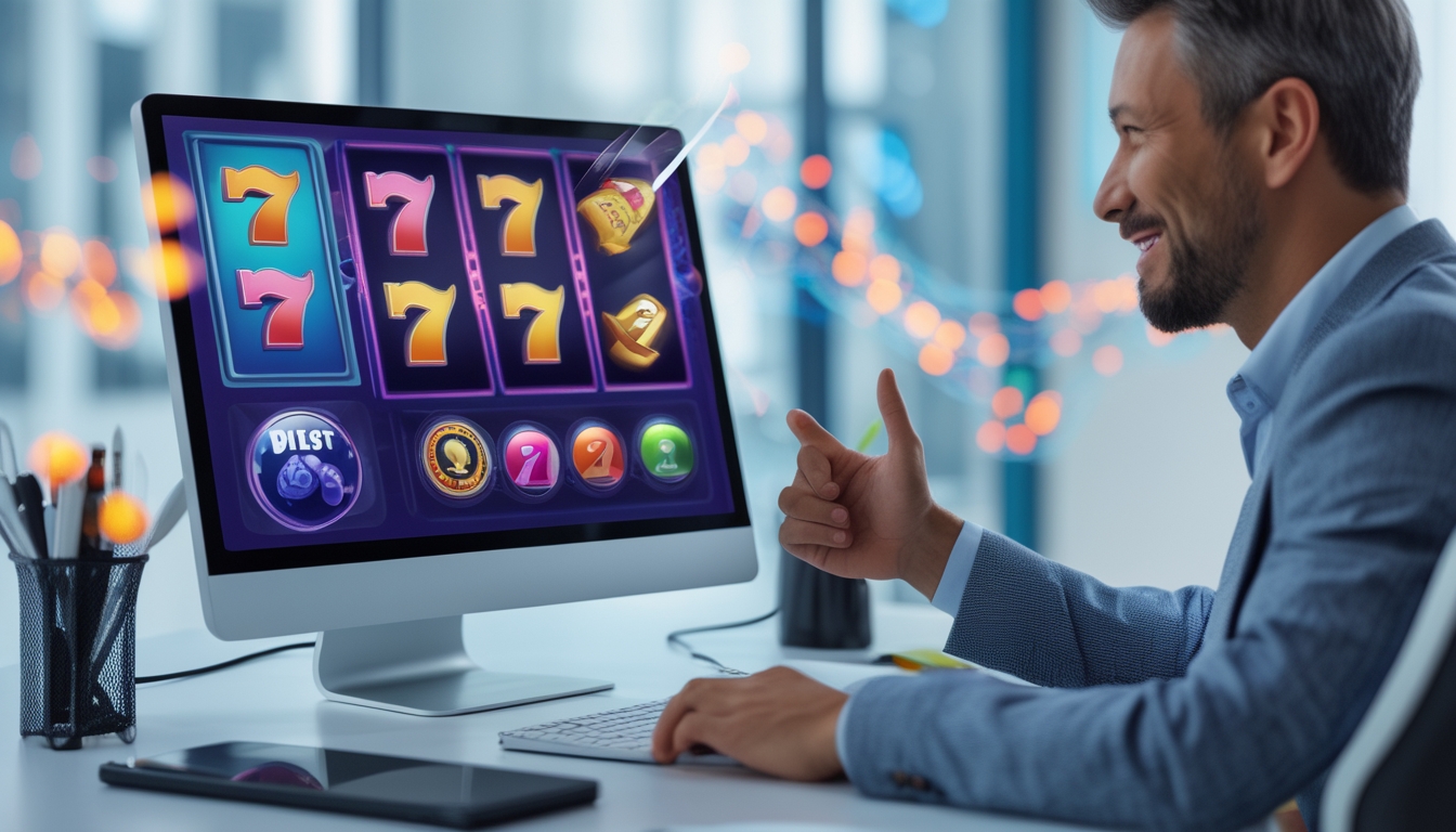 Seorang pemain dewasa sedang menggunakan laptop dengan tampilan mesin slot berwarna-warni di layar, menunjukkan suasana kegembiraan dan fokus dalam bermain game slot online.