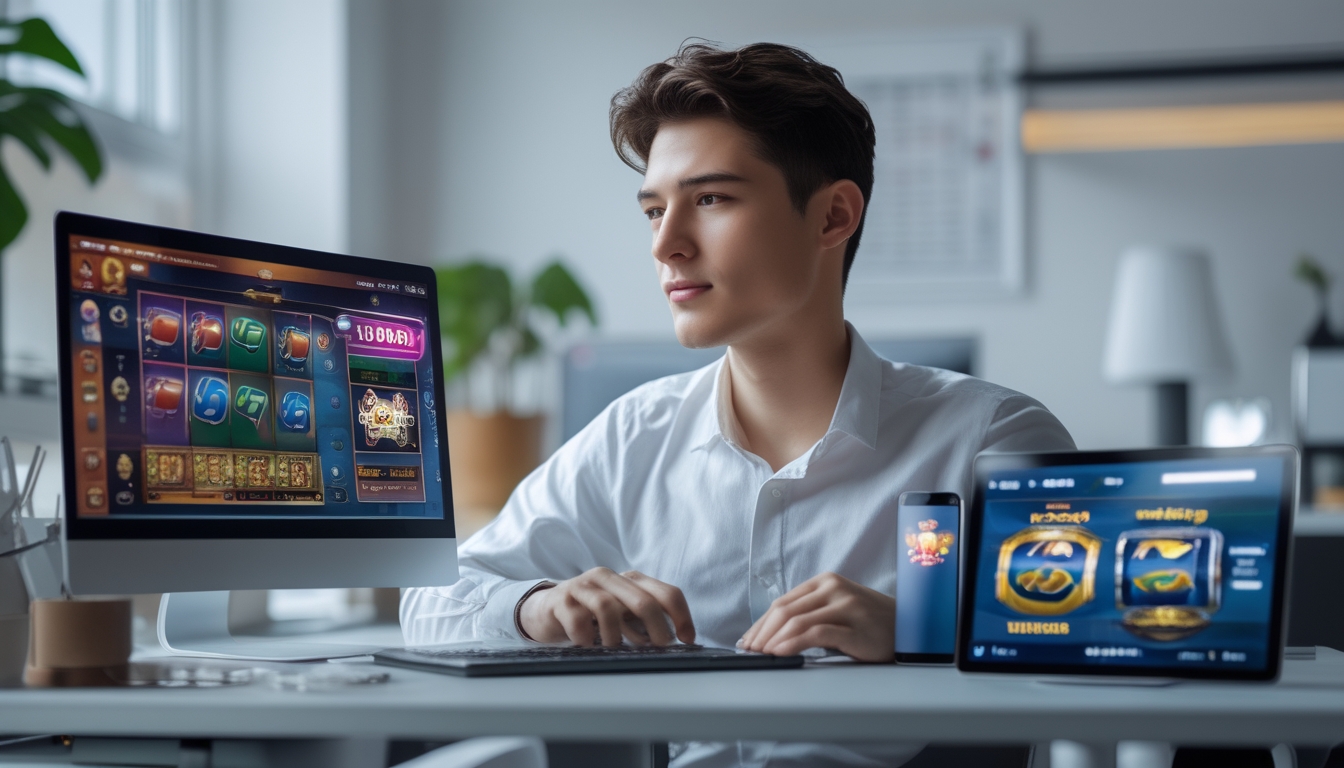 Seorang pria muda duduk di meja dengan beberapa perangkat digital yang menampilkan permainan slot online, di ruang kerja yang nyaman dengan pencahayaan alami.