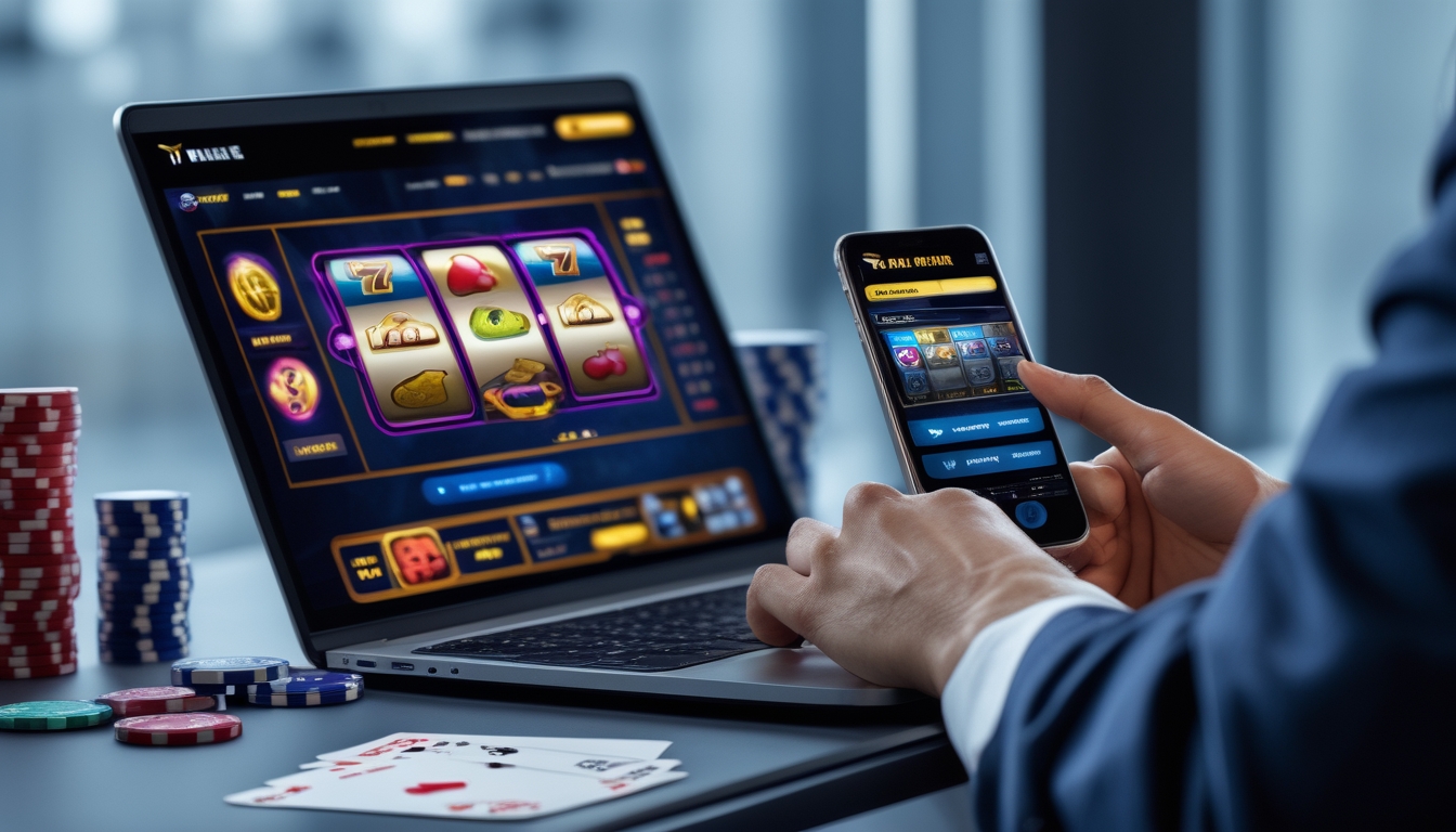 Seseorang menggunakan laptop dan ponsel untuk bermain permainan slot online di meja kerja dengan chip kasino dan kartu remi di sekitarnya.
