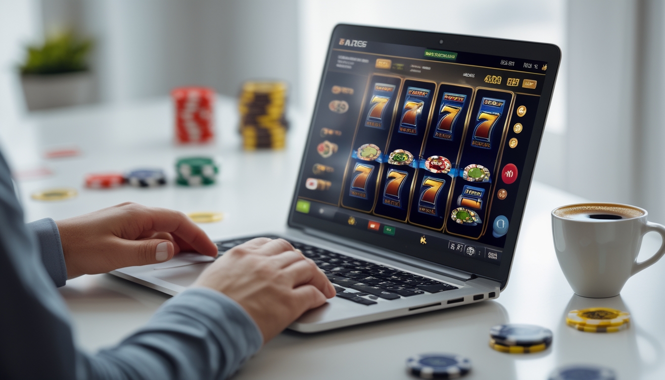 Seseorang menggunakan laptop dengan layar menampilkan permainan slot online berwarna-warni di atas meja kerja.