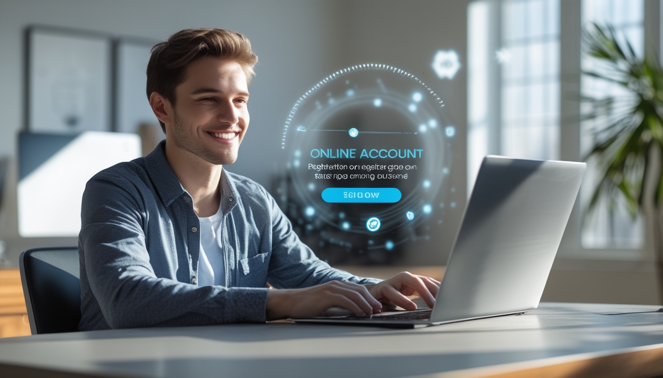 Seseorang duduk di depan laptop di ruang kerja yang rapi dan terang, terlihat fokus dan tersenyum saat menggunakan situs permainan slot online.