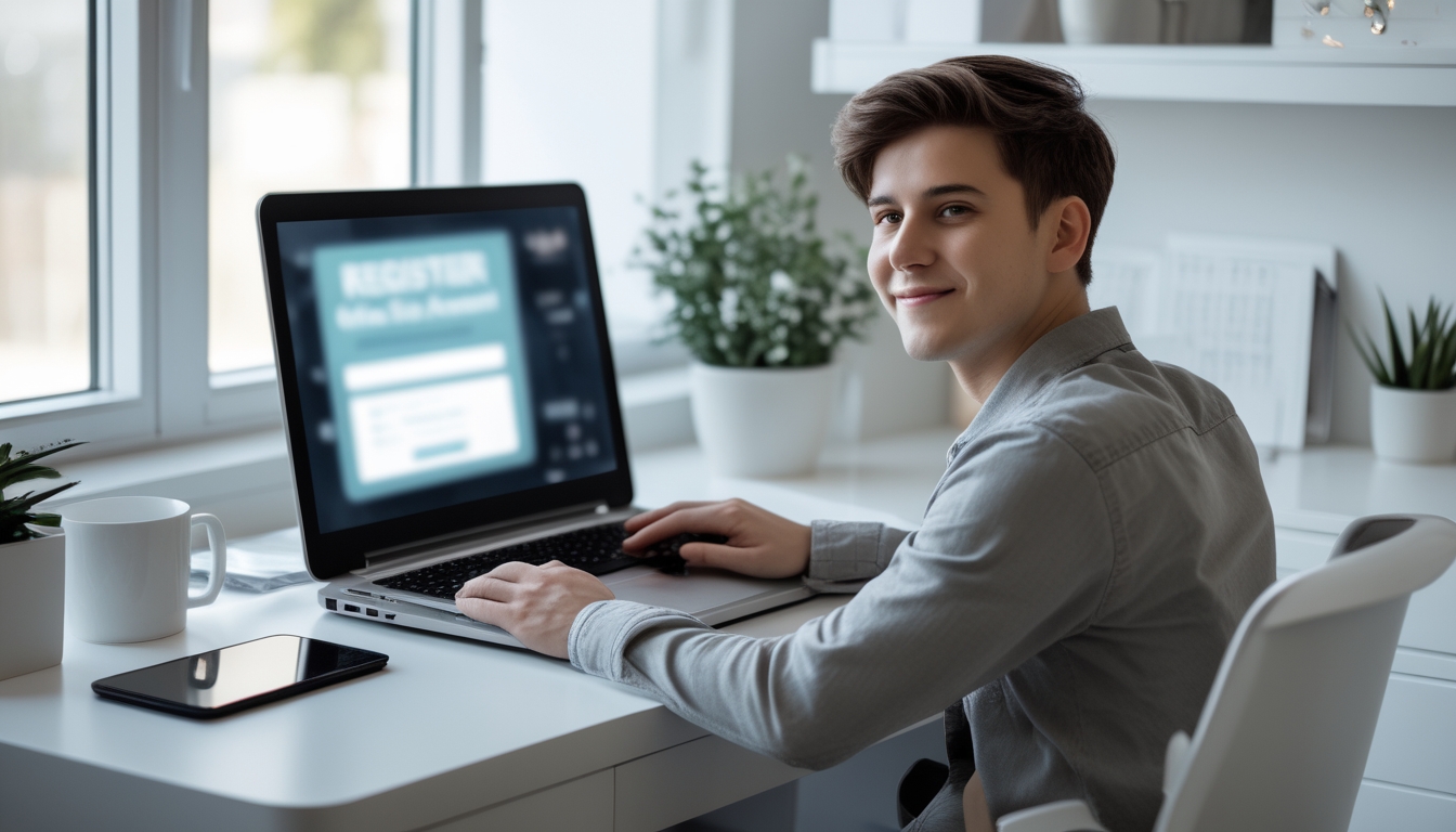 Seseorang duduk di meja dengan laptop, sedang mendaftar akun slot online dengan ekspresi percaya diri dan santai.