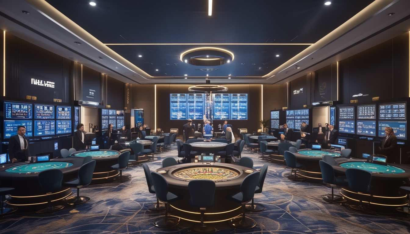 Suasana kasino langsung modern dengan dealer profesional dan meja permainan yang ramai, menunjukkan lingkungan bermain yang aman dan terpercaya.