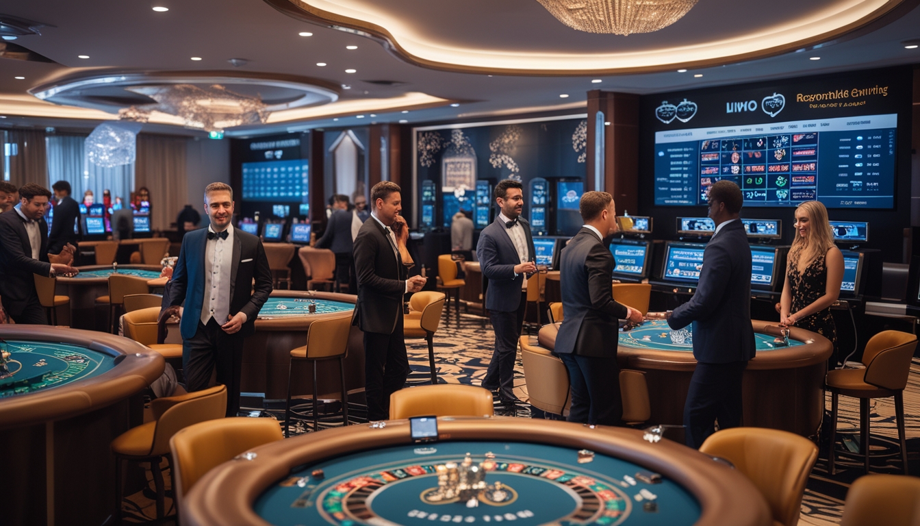 Suasana kasino langsung yang modern dengan dealer profesional dan pemain yang sedang bermain di meja permainan, menunjukkan lingkungan yang aman dan terpercaya.