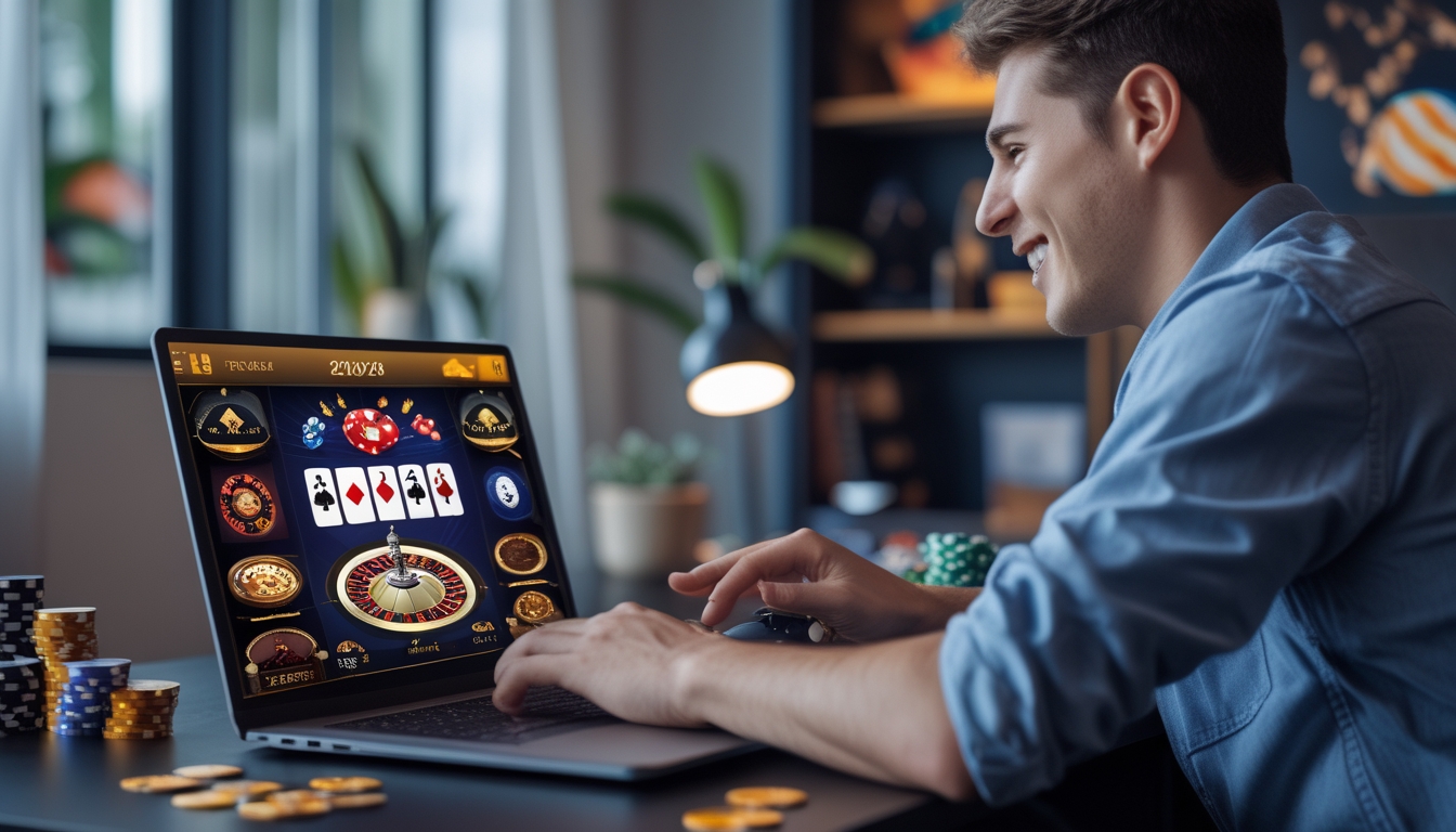 Seorang pemain muda menggunakan laptop di meja dengan tampilan permainan kasino langsung online di layar, dikelilingi oleh chip poker dan kartu remi.