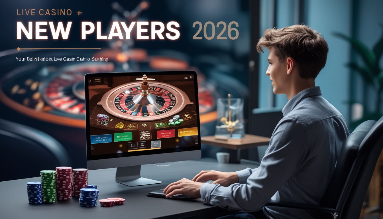 Seorang pemain muda sedang menggunakan komputer untuk bermain live casino online dengan dealer nyata di layar, di ruang tamu yang nyaman.