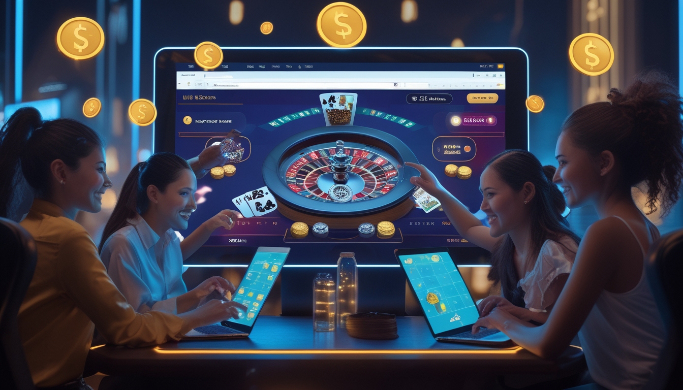 Orang-orang bermain kasino online dengan dealer langsung menggunakan perangkat digital di lingkungan yang modern dan cerah.