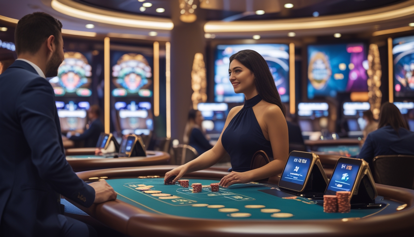 Suasana kasino langsung modern dengan dealer dan pemain di meja permainan, layar digital menampilkan permainan kasino, dan elemen pembayaran digital.