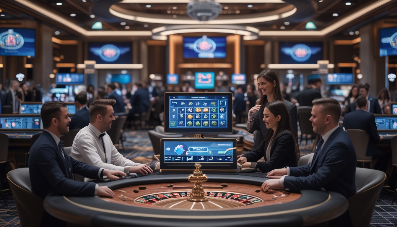 Suasana kasino langsung modern dengan dealer profesional dan pemain yang menikmati permainan di meja kasino.