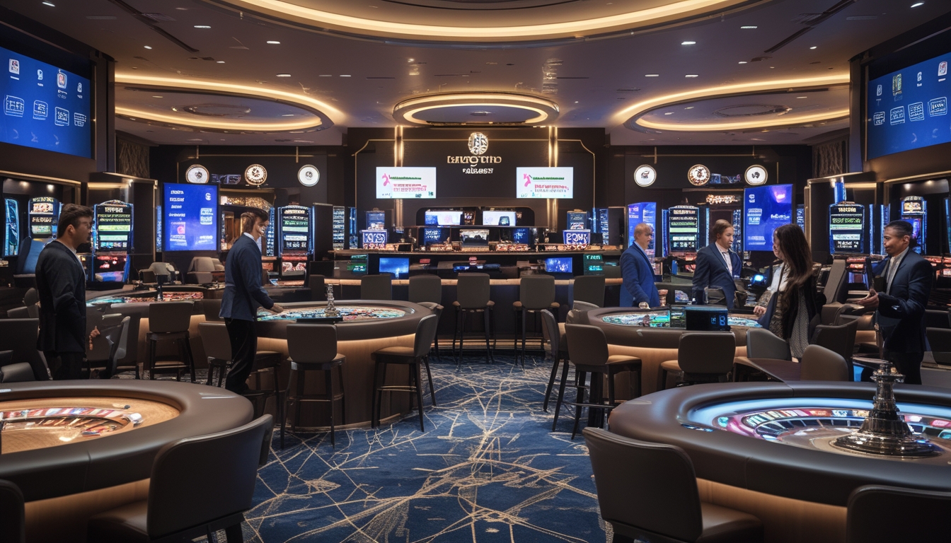 Suasana kasino langsung dengan meja permainan dan dealer yang melayani pemain dalam lingkungan yang modern dan profesional.