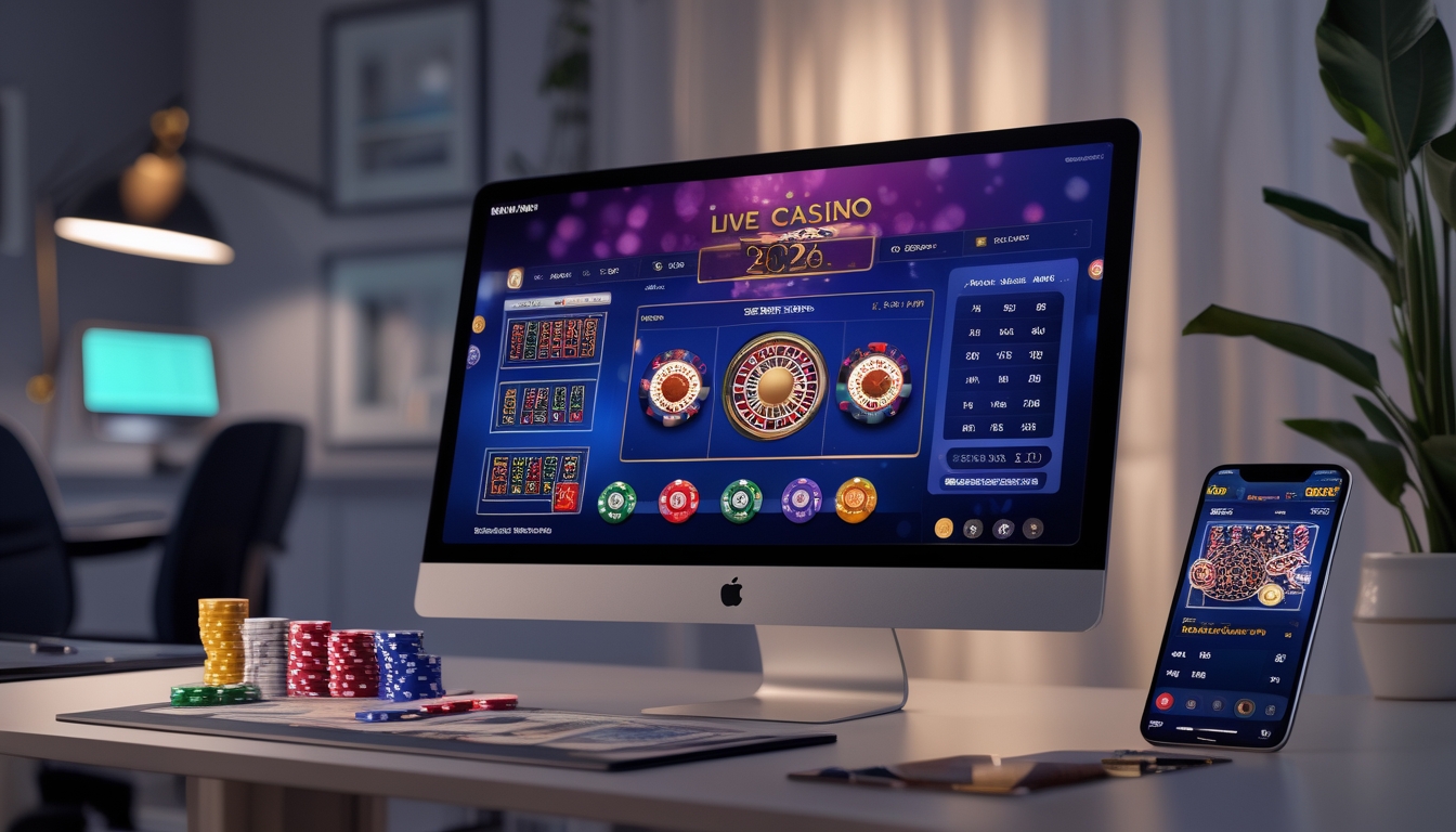 Seorang pemain menggunakan komputer untuk bermain kasino langsung online dengan meja permainan dan chip kasino di meja.