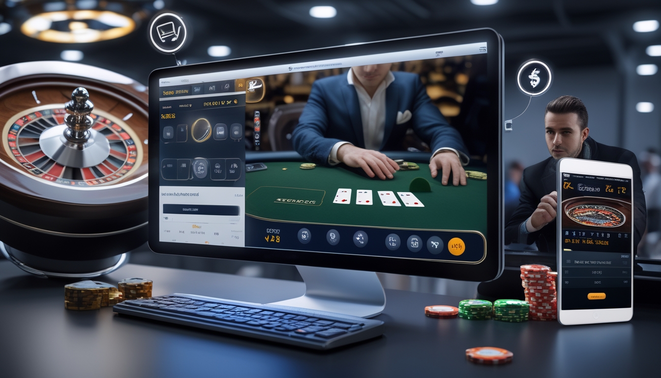 Seorang pemain menggunakan perangkat digital untuk bermain live casino online dengan dealer langsung dan elemen taruhan di sekitarnya.