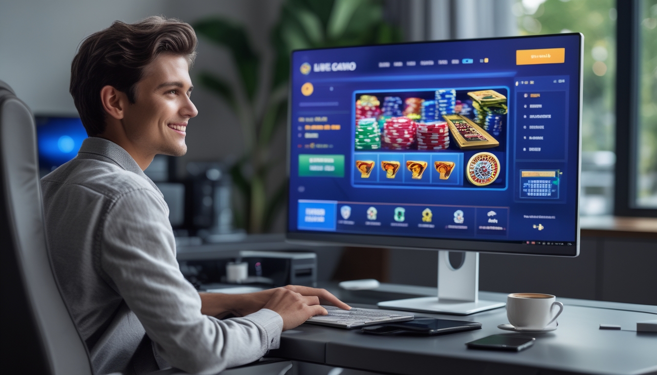 Seseorang duduk di depan komputer dengan layar menampilkan permainan kasino online yang berwarna-warni, terlihat fokus dan tersenyum dalam ruangan yang terang dan modern.