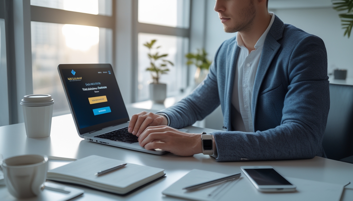 Seorang dewasa muda sedang duduk di meja dengan laptop dan ponsel, mempersiapkan pendaftaran di kasino online dengan suasana yang terang dan rapi.