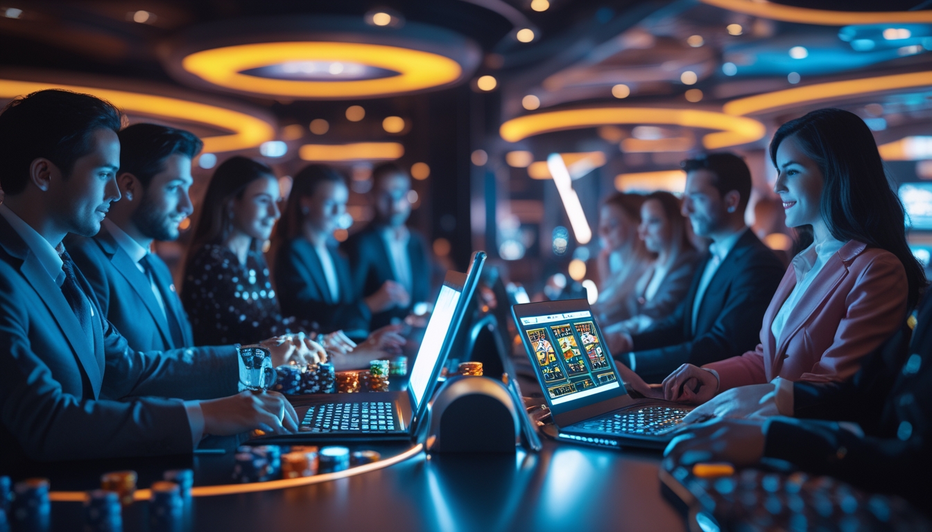 Orang-orang menggunakan perangkat digital untuk bermain permainan kasino langsung secara online dengan dealer nyata di latar belakang.