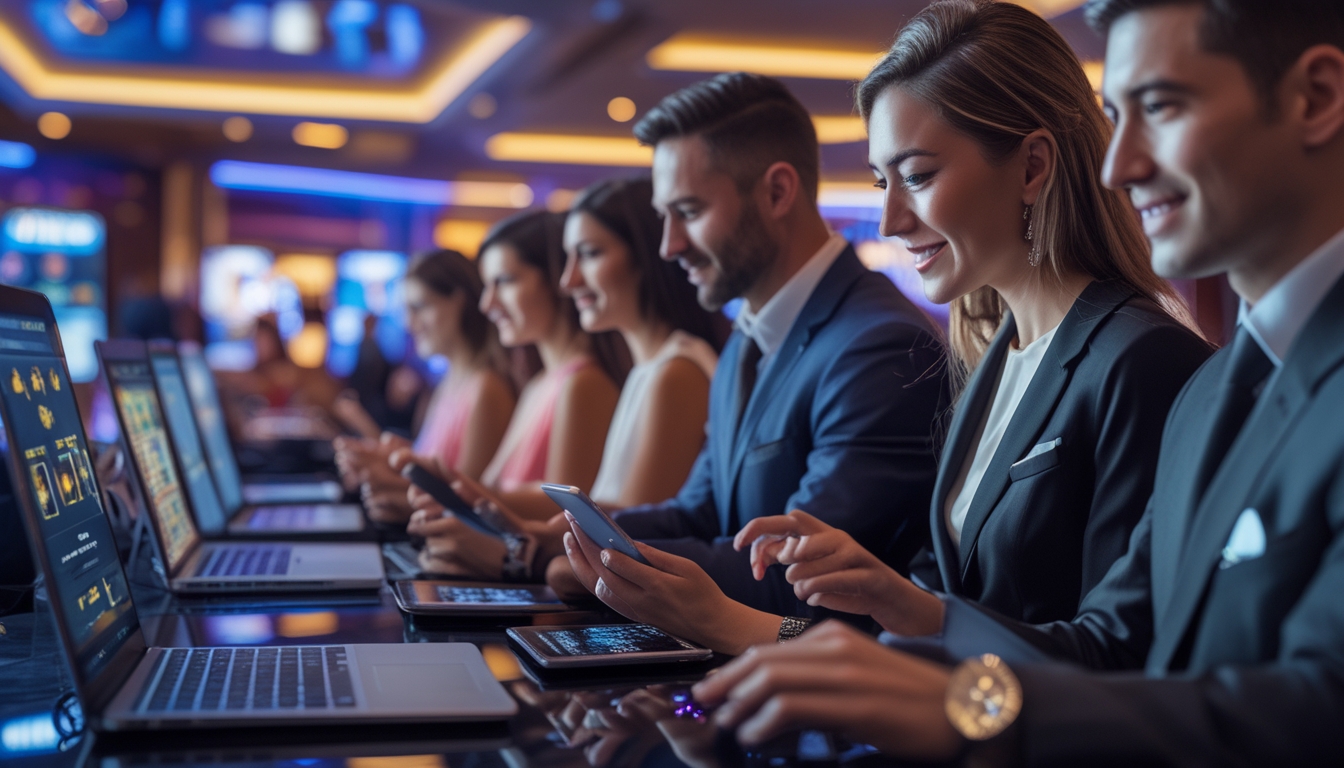 Orang-orang menggunakan perangkat digital untuk bermain live casino online di lingkungan kasino modern.