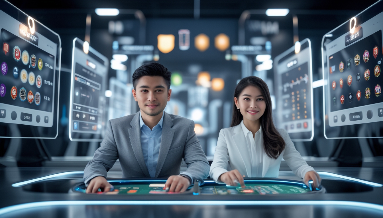 Seorang pria dan wanita duduk di depan layar komputer dengan permainan kasino online dan simbol keamanan digital di latar belakang.
