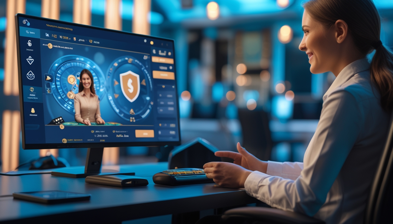 Seorang dealer wanita profesional sedang berinteraksi melalui layar komputer dengan latar belakang simbol keamanan dan perangkat pembayaran digital di meja.
