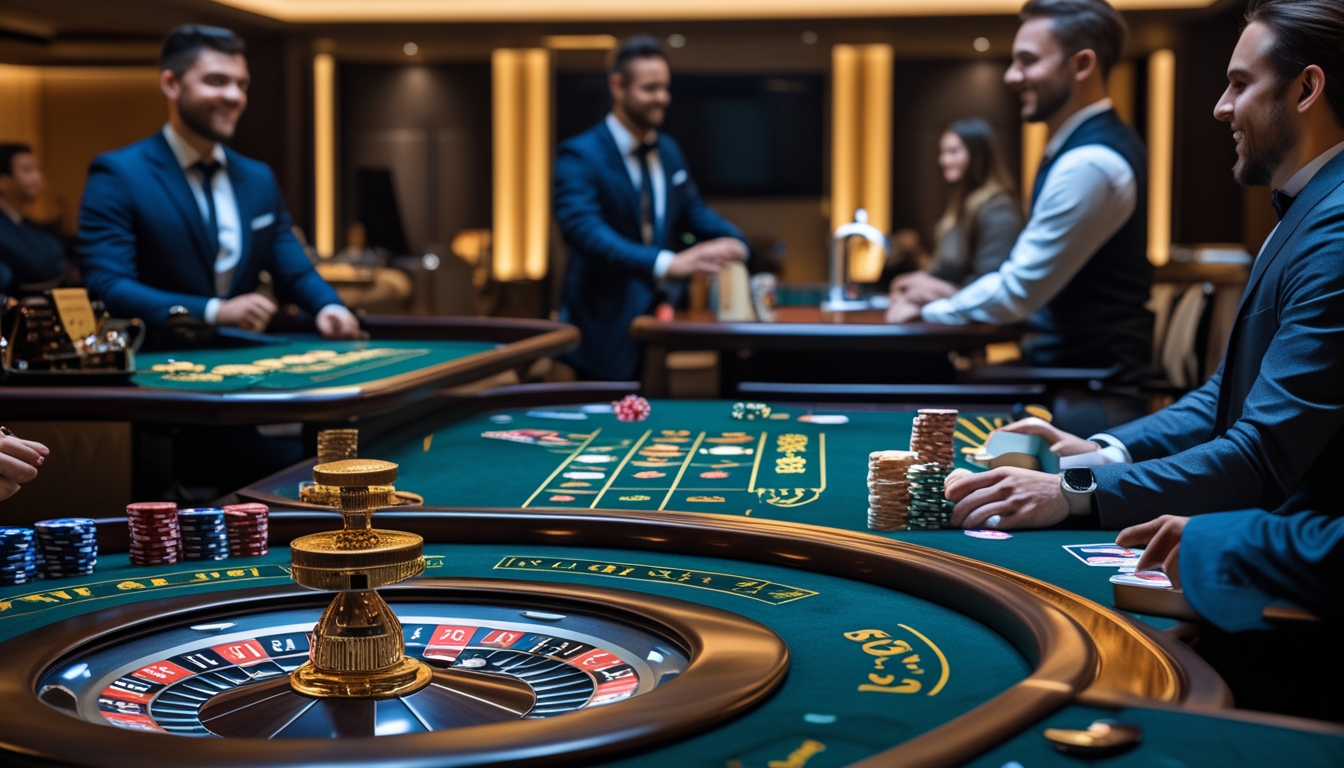 Suasana kasino langsung dengan meja blackjack, roda roulette, dan permainan baccarat, pemain dan dealer sedang bermain di dalam ruangan kasino yang mewah.