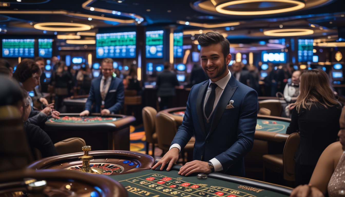 Suasana lantai kasino langsung dengan meja blackjack dan roulette, dealer melayani pemain dalam lingkungan yang terang dan profesional.