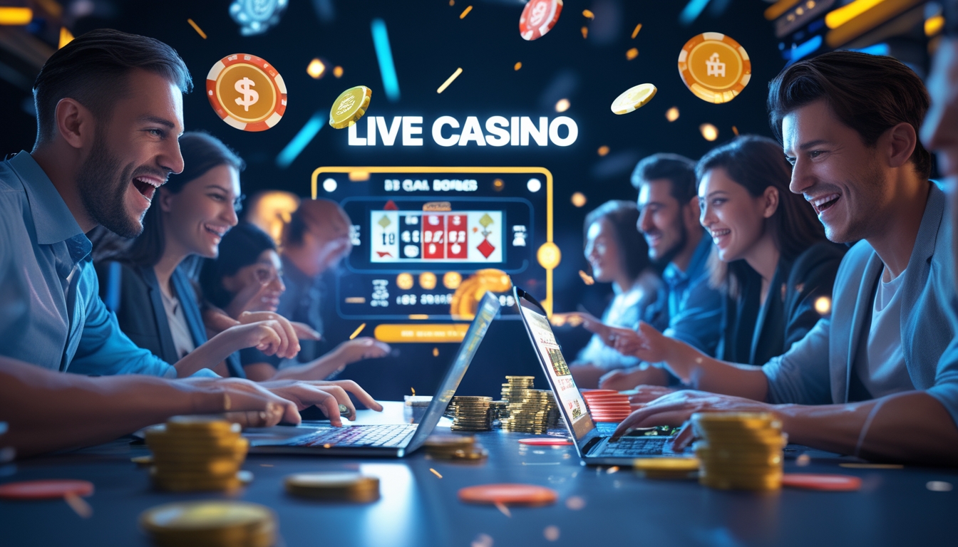 Orang-orang bermain permainan kasino online dengan perangkat digital di lingkungan kasino yang modern dan terang.